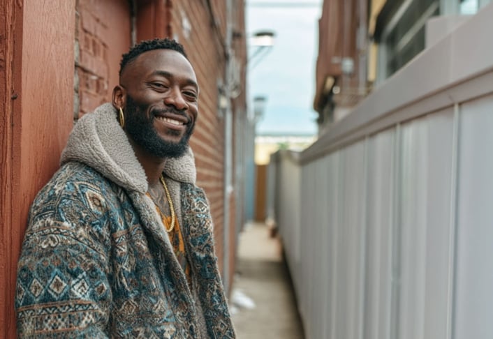 A man with a beard and short hair stands outside in an alley, smiling and wearing a patterned coat with a fur collar.