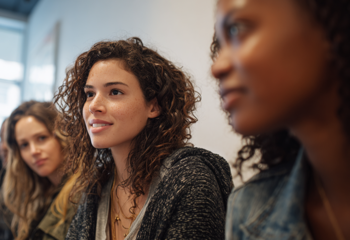 Three women sit indoors, facing forward and looking attentive. The focus is on the woman in the center with curly hair and a gray sweater. The background and foreground are softly blurred.