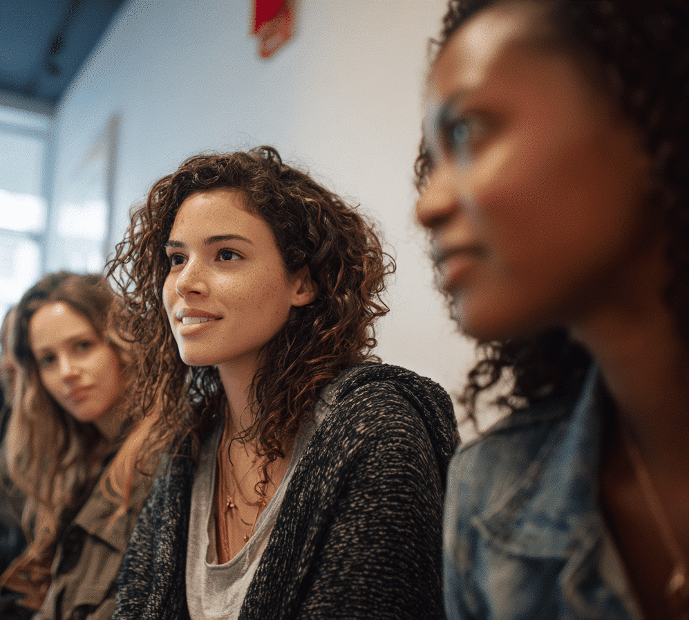 Three women sit indoors, facing forward and looking attentive. The focus is on the woman in the center with curly hair and a gray sweater. The background and foreground are softly blurred.