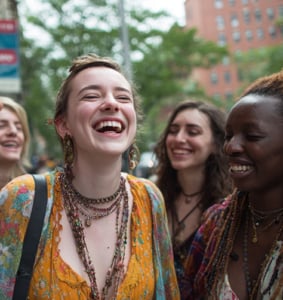 Four young women standing close together outdoors, smiling and laughing. The setting appears to be an urban street with trees and buildings in the background.