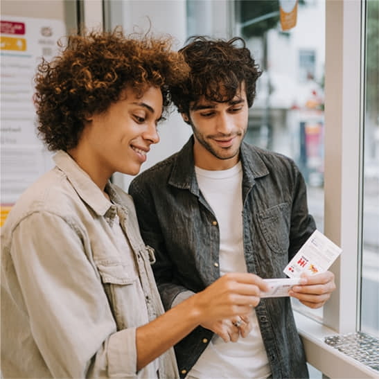 Two people stand by a window, looking at and discussing a document or brochure together indoors.