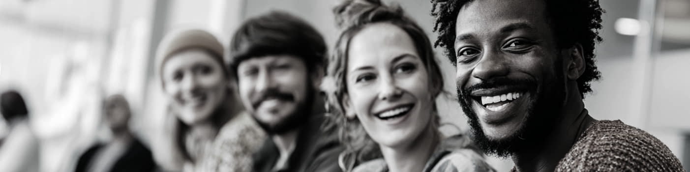 Four adults sitting in a row, smiling and looking toward the camera in a casual indoor setting.