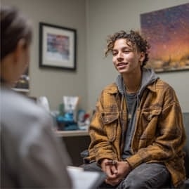 A young person with curly hair sits and talks with another person in an office setting, with framed artwork on the walls in the background.