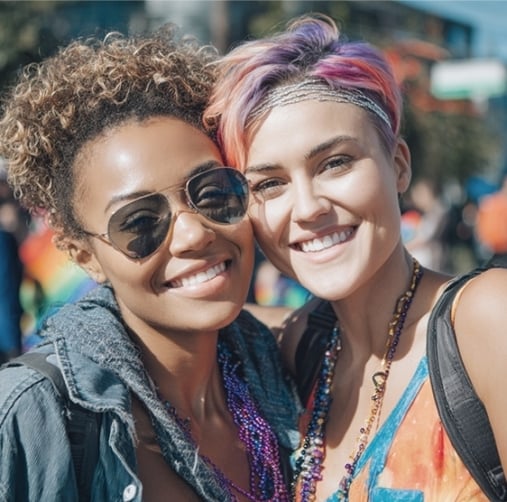Two people smiling and posing together at an outdoor event, wearing colorful clothes and beaded necklaces, with a crowd and buildings visible in the background.