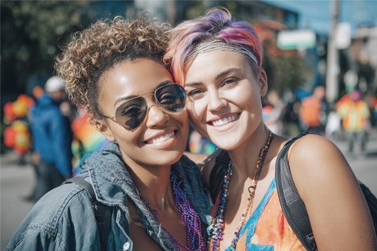 Two people smiling and posing together at an outdoor event, wearing colorful clothes and beaded necklaces, with a crowd and buildings visible in the background.