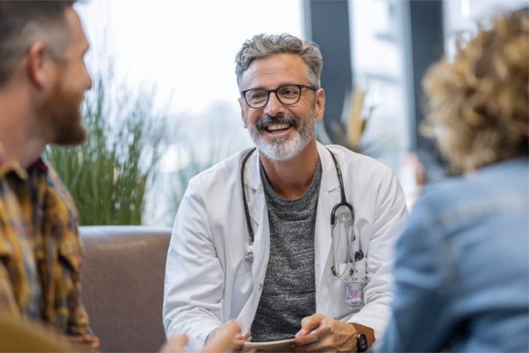 A smiling doctor with a stethoscope around his neck talks to two patients in a bright, modern office.