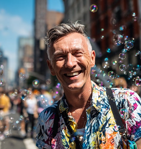 A smiling man in a colorful shirt stands outdoors on a city street, surrounded by floating bubbles, with blurred people and buildings in the background.