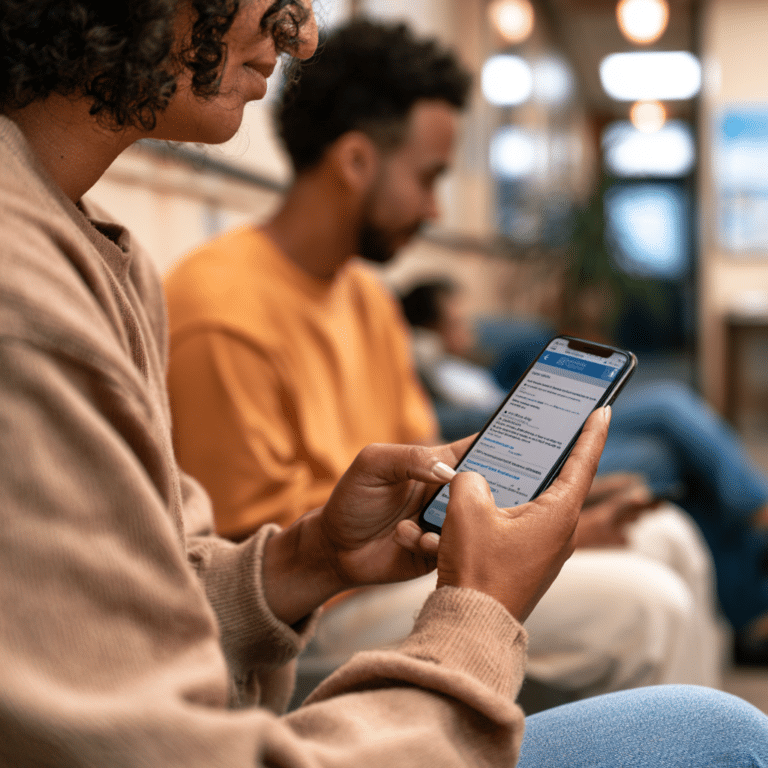 A person sits in a waiting area, using a smartphone, with others seated in the background.