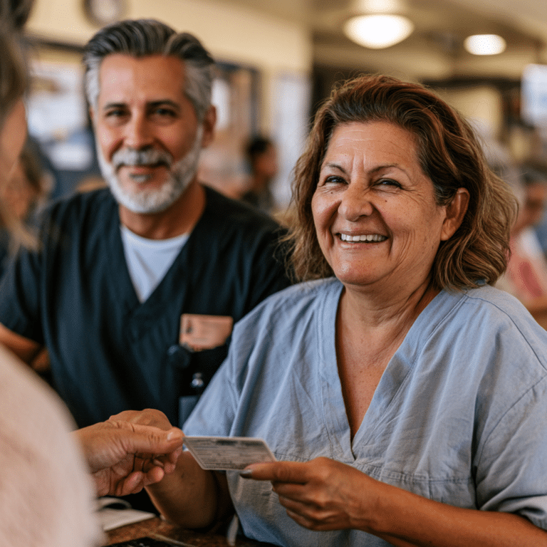 A woman in medical scrubs smiling and handing an ID card to someone, with a man in similar attire sitting beside her in a well-lit indoor setting.