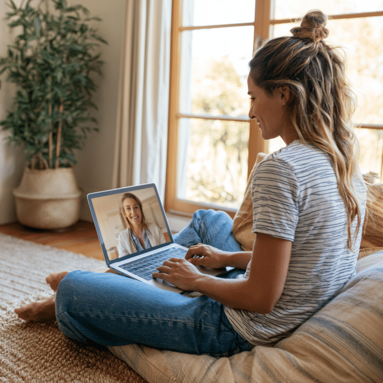 A woman sitting on a couch uses a laptop for a video call with another woman, with natural light coming in from large windows in the background.