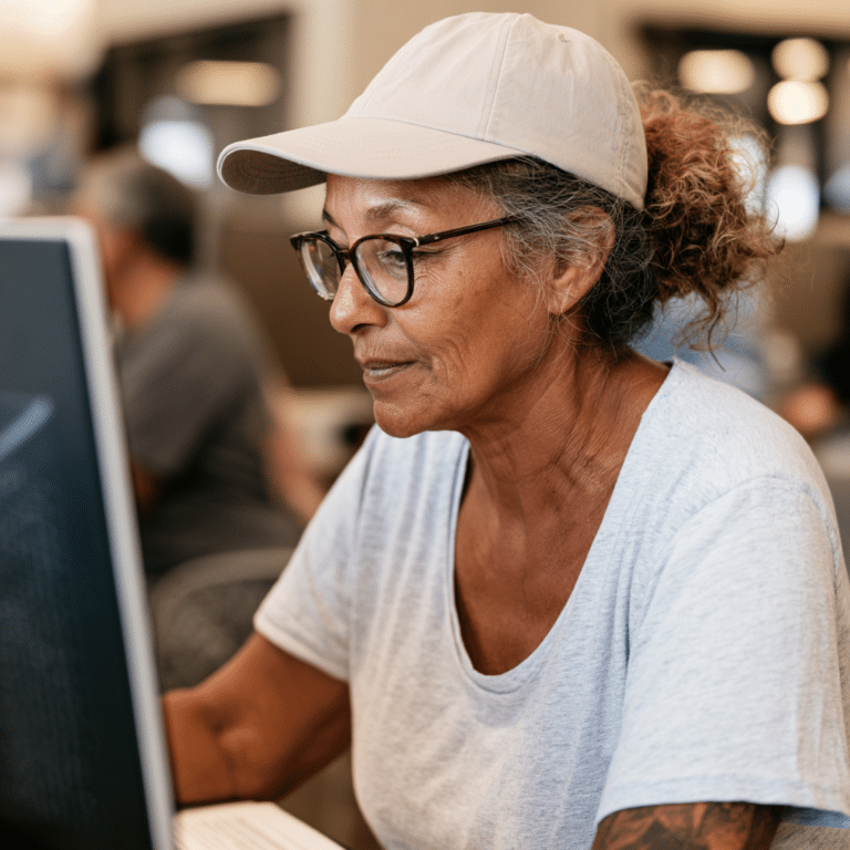 A woman wearing glasses and a light-colored cap sits at a computer, focused on the screen, in a casual indoor setting.