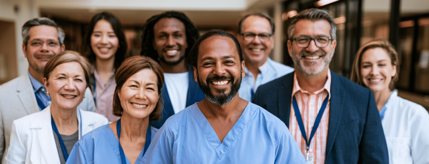 A diverse group of healthcare professionals and staff stand together in a hospital corridor, smiling at the camera.