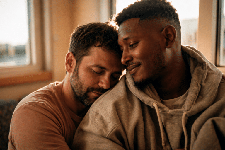 Two men sit closely together indoors, one resting his head on the other's shoulder. They appear relaxed and content, with sunlight coming through the windows behind them.