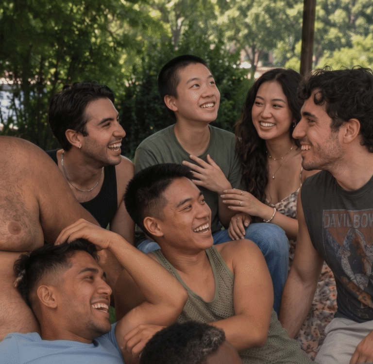 A group of seven young adults sit closely together outdoors, smiling and laughing on a sunny day with trees in the background.