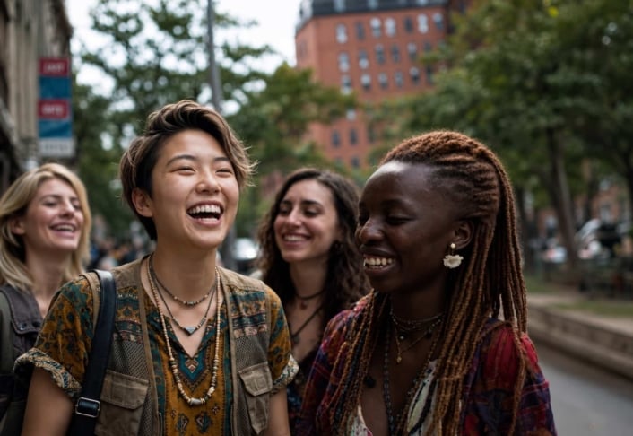 Four people are smiling and laughing together outdoors on a city street with trees and buildings in the background.