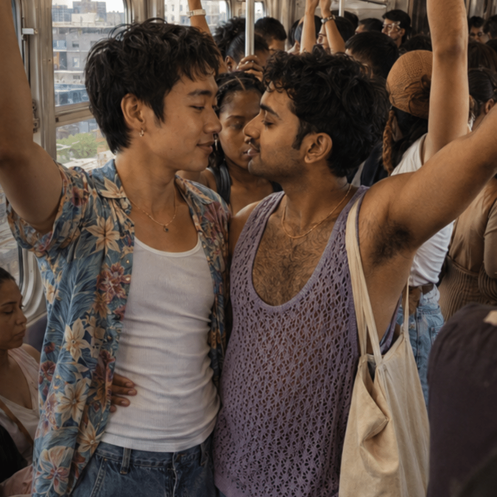 Two men stand closely facing each other on a crowded subway, holding onto handrails, surrounded by other passengers.
