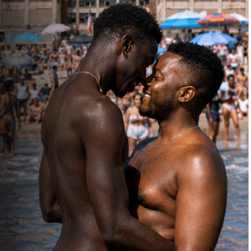Two shirtless men stand close together in shallow water at a crowded beach, smiling at each other with their foreheads touching.
