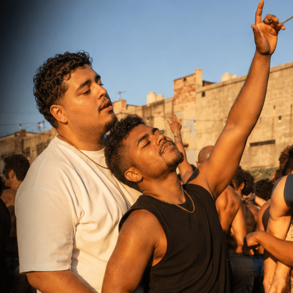 Two men stand close together among a crowd outdoors; one raises his arm and closes his eyes, while the other stands behind him with a calm expression.