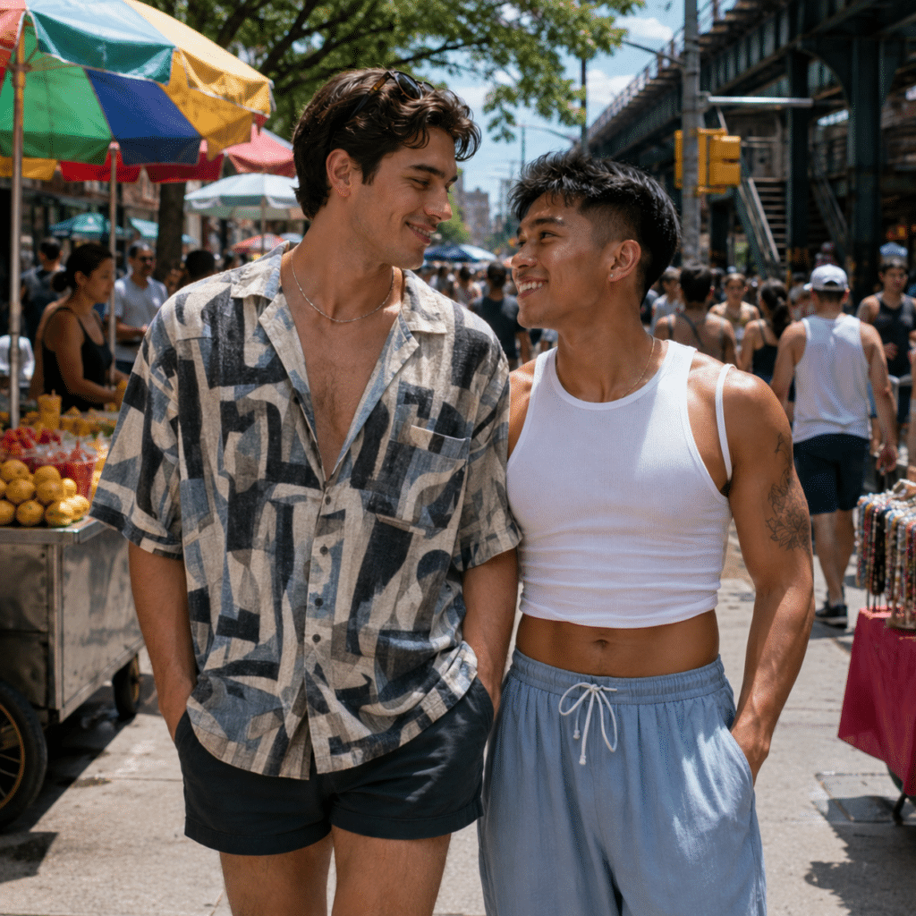 Two men walk closely together at an outdoor market on a sunny day, smiling at each other. One wears a patterned shirt and shorts, the other a white tank top and light blue shorts.