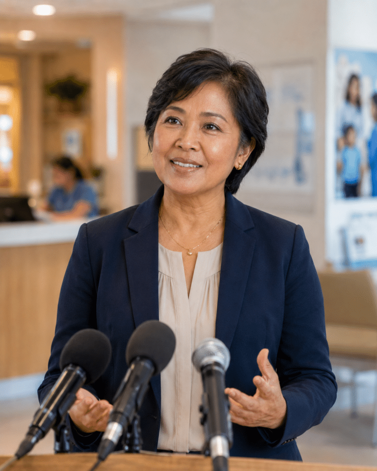 A woman in a business suit speaks at a podium with three microphones in front of her in a modern office setting.