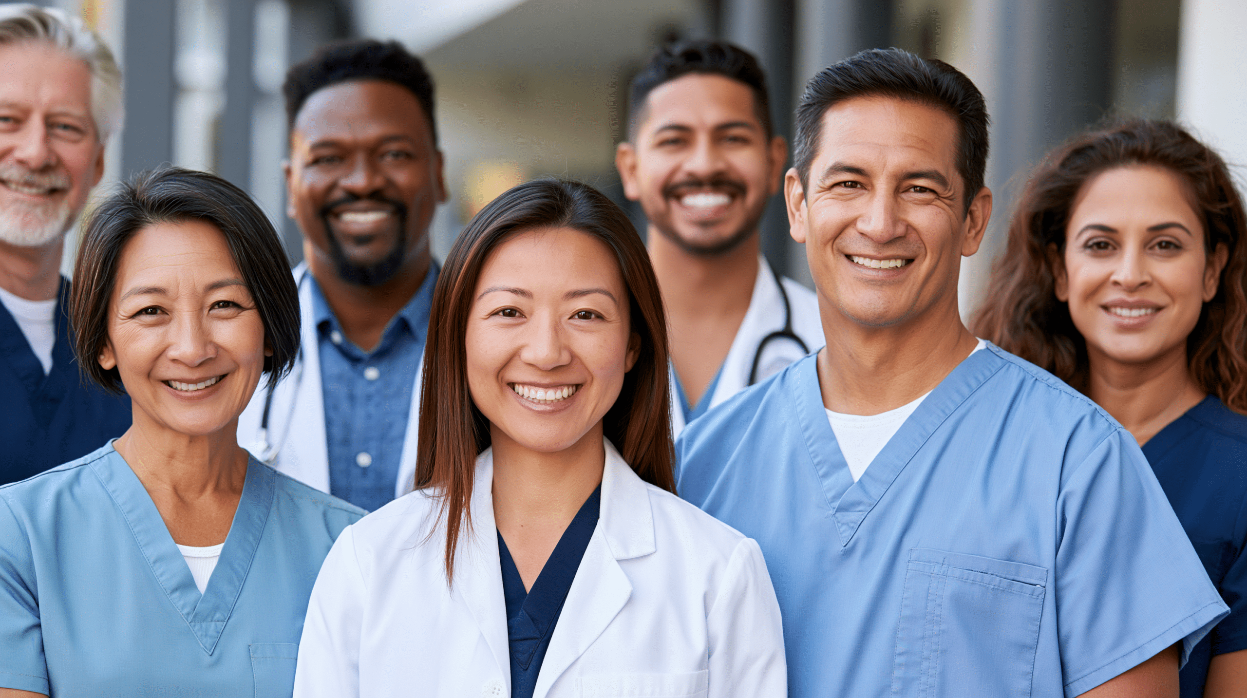 Un grupo diverso de profesionales de la salud, incluidos médicos y enfermeras, están juntos afuera de una instalación médica, sonriendo a la cámara.