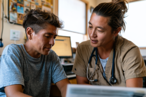 A healthcare professional with a stethoscope talks to a patient in a clinic office, both focused on a document in front of them.