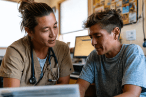 A healthcare professional with a stethoscope talks to a patient in a clinic office, both focused on a document in front of them.