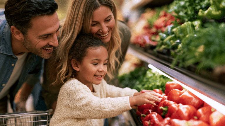 A family with a young child shops for fresh vegetables, selecting red bell peppers in the produce section of a grocery store.
