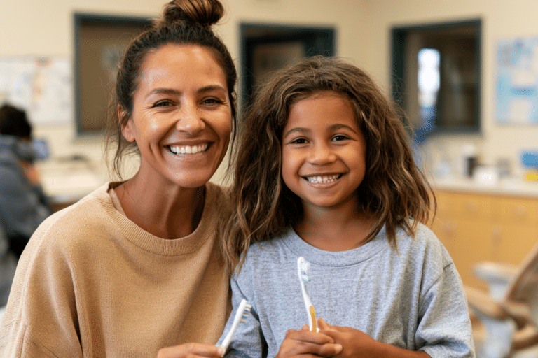 An adult and a child smiling and holding toothbrushes in a brightly lit room, possibly a dental clinic or classroom setting.