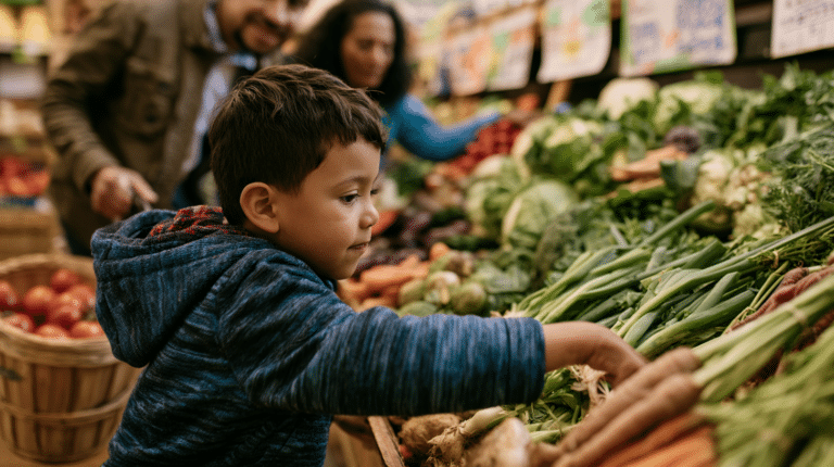 A young child reaches for vegetables at a grocery store while adults stand nearby, with various fresh produce visible on display.