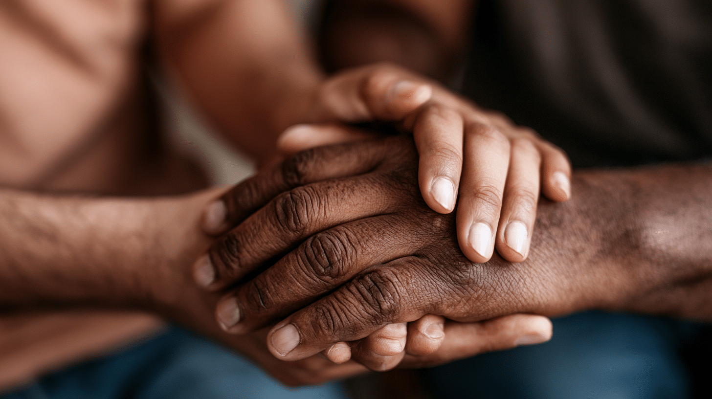 Close-up of two people holding hands, with one person's hands resting gently over the other's in a gesture of support and comfort.