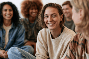 A group of young adults sitting together indoors, smiling and engaged in conversation, with one person in focus wearing a light sweater and jeans.