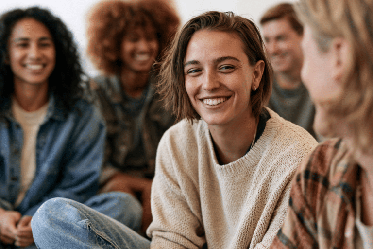 A group of young adults sitting together indoors, smiling and engaged in conversation, with one person in focus wearing a light sweater and jeans.