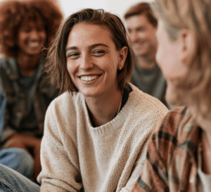 A group of young adults sitting together indoors, smiling and engaged in conversation, with one person in focus wearing a light sweater and jeans.