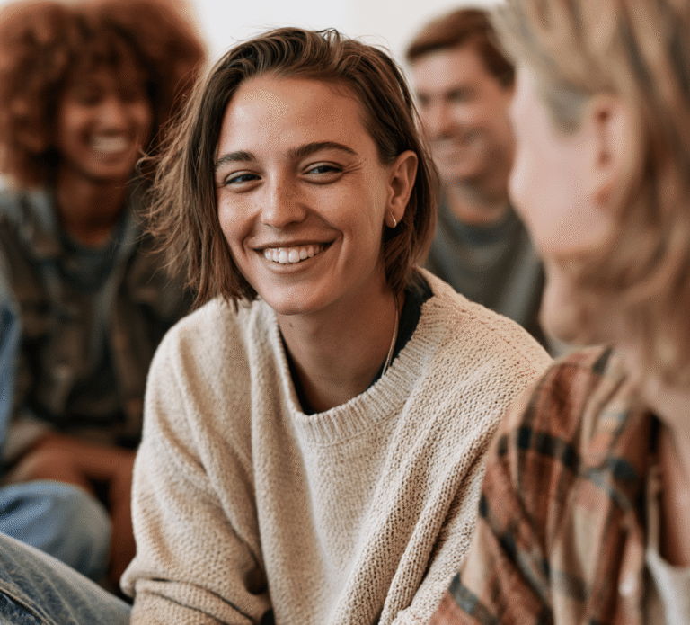 A group of young adults sitting together indoors, smiling and engaged in conversation, with one person in focus wearing a light sweater and jeans.