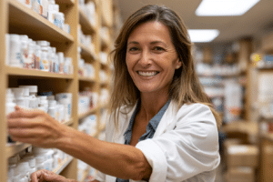 A pharmacist wearing a white coat smiles while organizing medication bottles on shelves in a pharmacy.