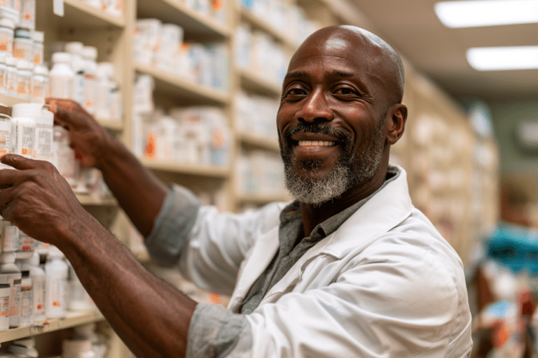 A pharmacist in a white coat smiles while organizing prescription bottles on shelves in a pharmacy.