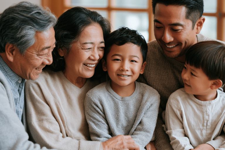 Three generations of an Asian family sit closely together indoors, smiling and looking at each other.