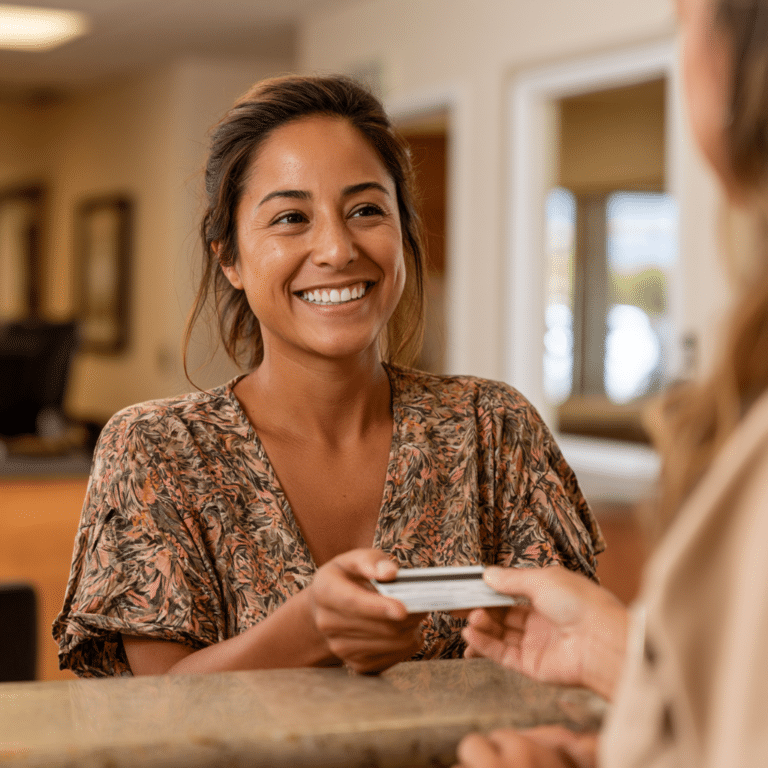 A woman stands at a reception desk, smiling as she hands a card to another person in an indoor setting.