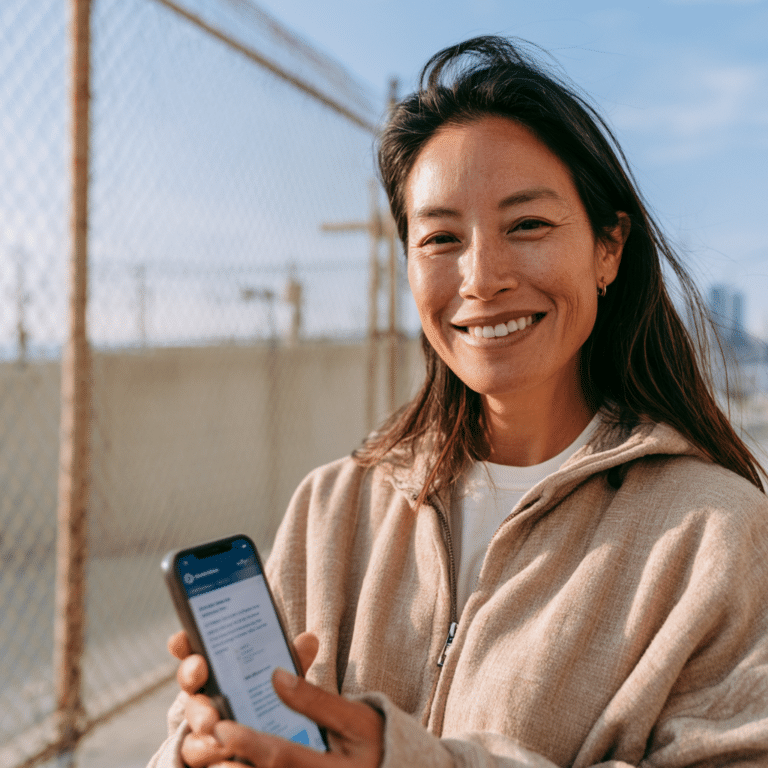 Woman standing outdoors by a chain link fence, smiling and holding a smartphone displaying a document or app on the screen.