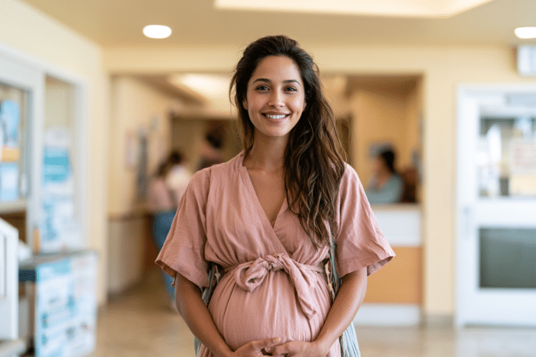 Pregnant woman standing indoors, smiling at the camera, with a hospital or clinic reception area in the background.