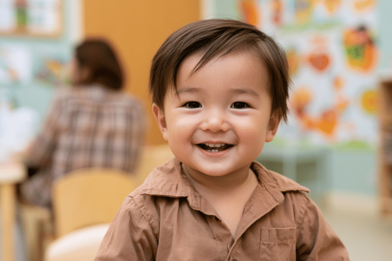A young child with brown hair and a brown shirt smiles in a classroom with colorful decorations and another person in the background.