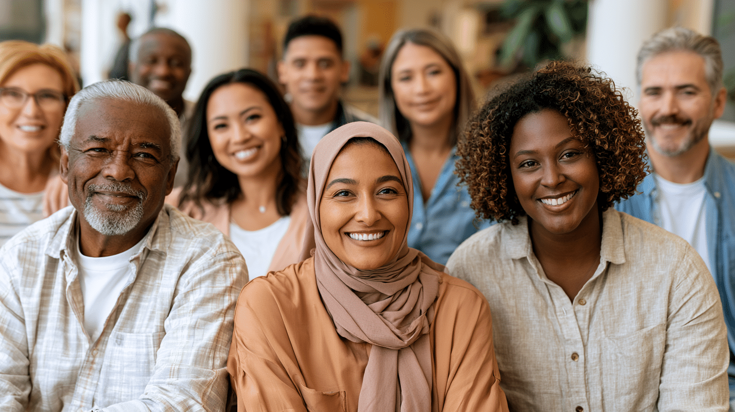 A diverse group of men and women of different ages smiling and posing together indoors in a well-lit setting.