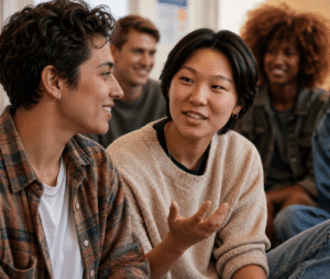 Four young adults sit together indoors, talking and smiling. Two are in the foreground having a conversation, while the other two listen in the background.