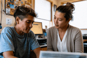 Two people sit indoors, having a focused conversation. One person listens while the other speaks, with a desk, computer, and bulletin board visible in the background.