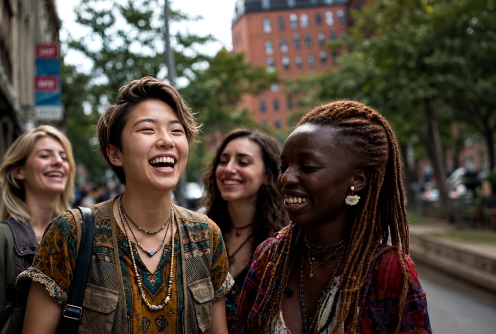 Four young adults walk outdoors in a city, smiling and laughing together, with trees and buildings in the background.