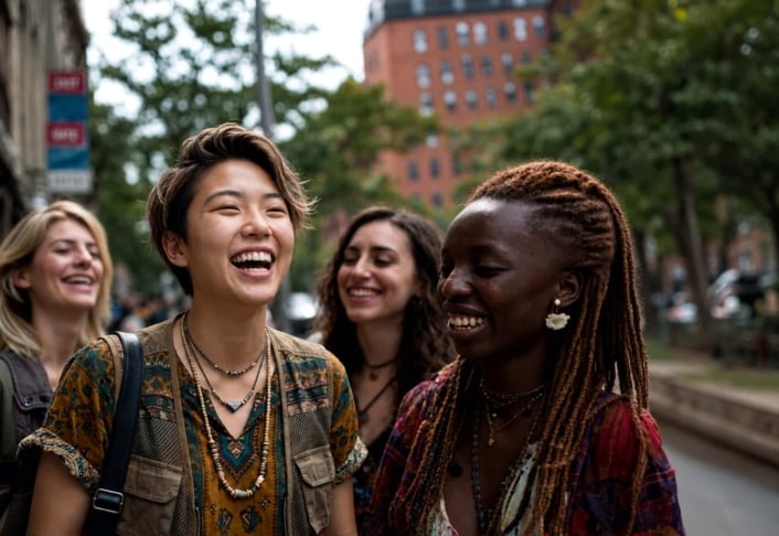 Four young adults walk outdoors in a city, smiling and laughing together, with trees and buildings in the background.