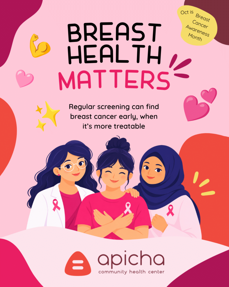 Poster for Breast Cancer Awareness Month: “Breast Health Matters. Regular screening can find breast cancer early, when it’s more treatable.” Illustrated by three women and the Apicha logo.