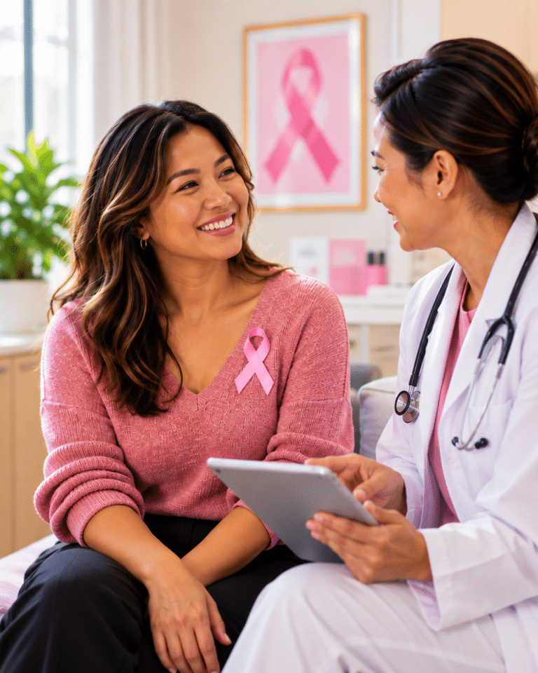 A female patient in a pink sweater with a breast cancer awareness pin smiles at a female doctor who is reviewing information on a tablet.